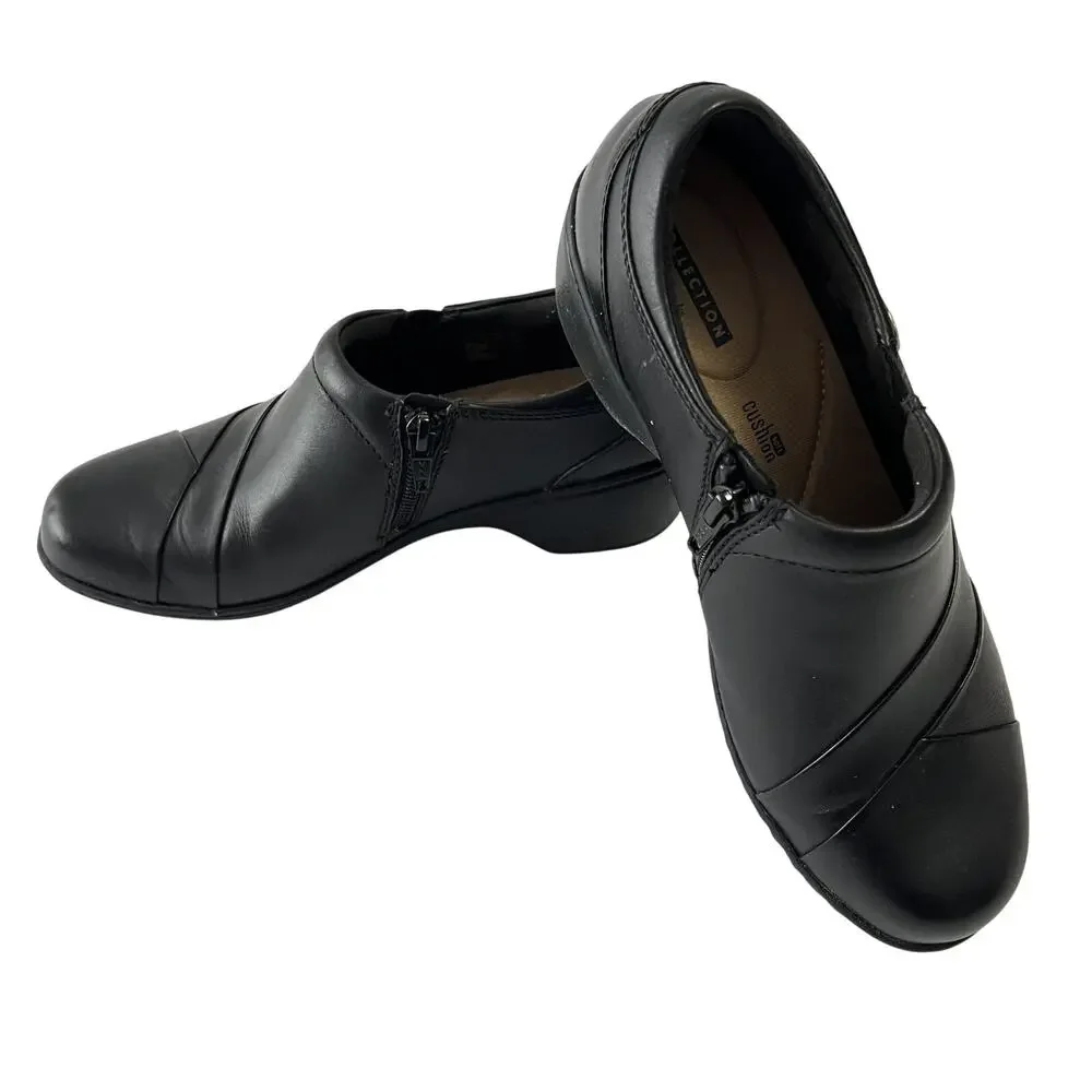 Clarks Collection Clog Shoes Womens Size 7.5 Black‎ Leather Zip Comfort Cushion